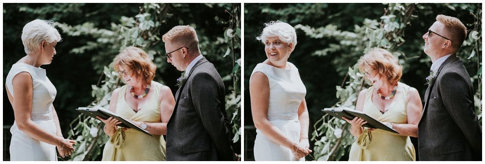 working with a wedding celebrant - A bridal couple exchanging their vows, outside, with Fan