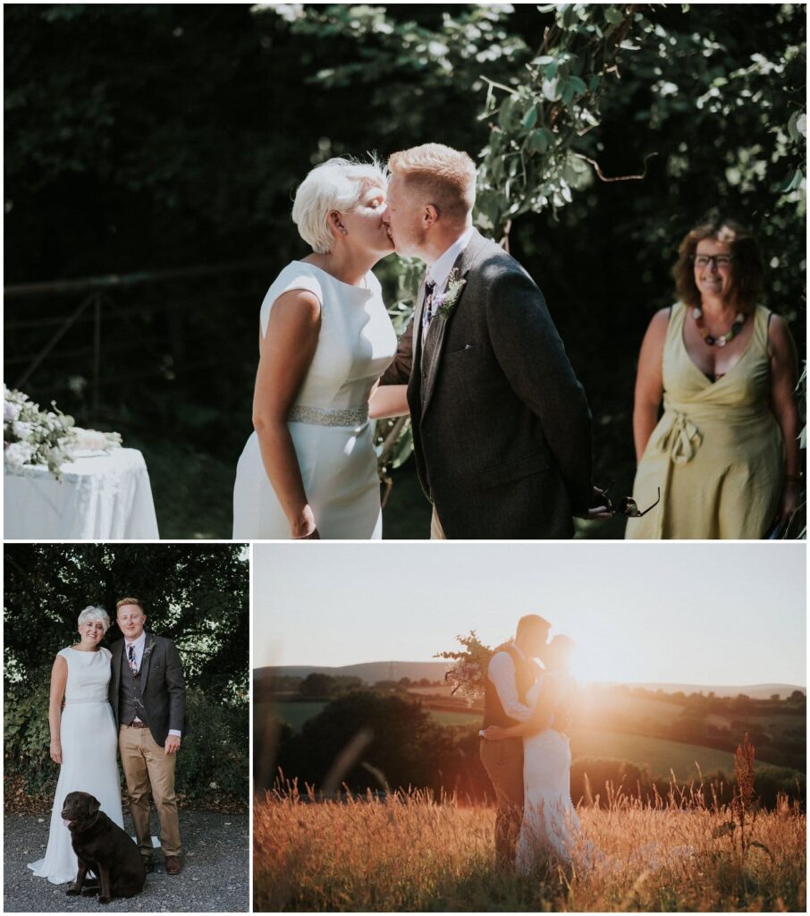 Independent celebrants: bride and groom kissing along with a dog and in the sunset