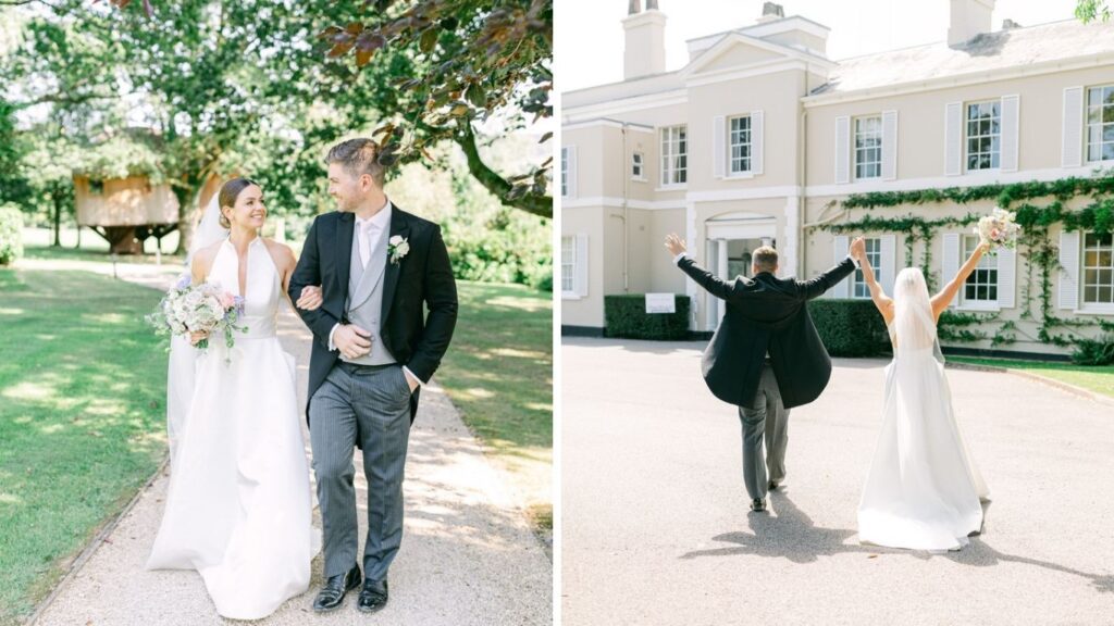 2 images of bride and groom at Deer Park Country House one showing treehouse in background the other showing delighted couple with arms in the air in front of the venue front door