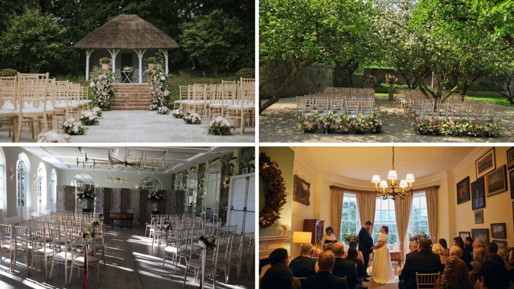A collage of images of outdoor and indoor ceremony spaces at Deer Park Country Houses featuring the summer house, the walled garden, the orangery and drawing room