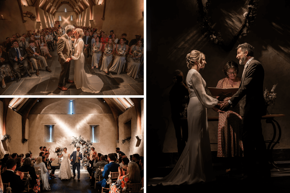 a collage of images showing the ceremony at The Gret Barn
