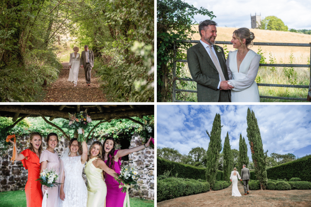 collage of images showing why the great barn is a photographer's dream images of bride and groom in gardens woodland and with the church in background