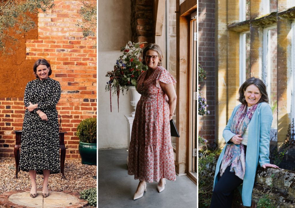 three images of fan of fanfare ceremonies dressed in a black floral dress, a red floral dress and a pale blue coat and black trousers